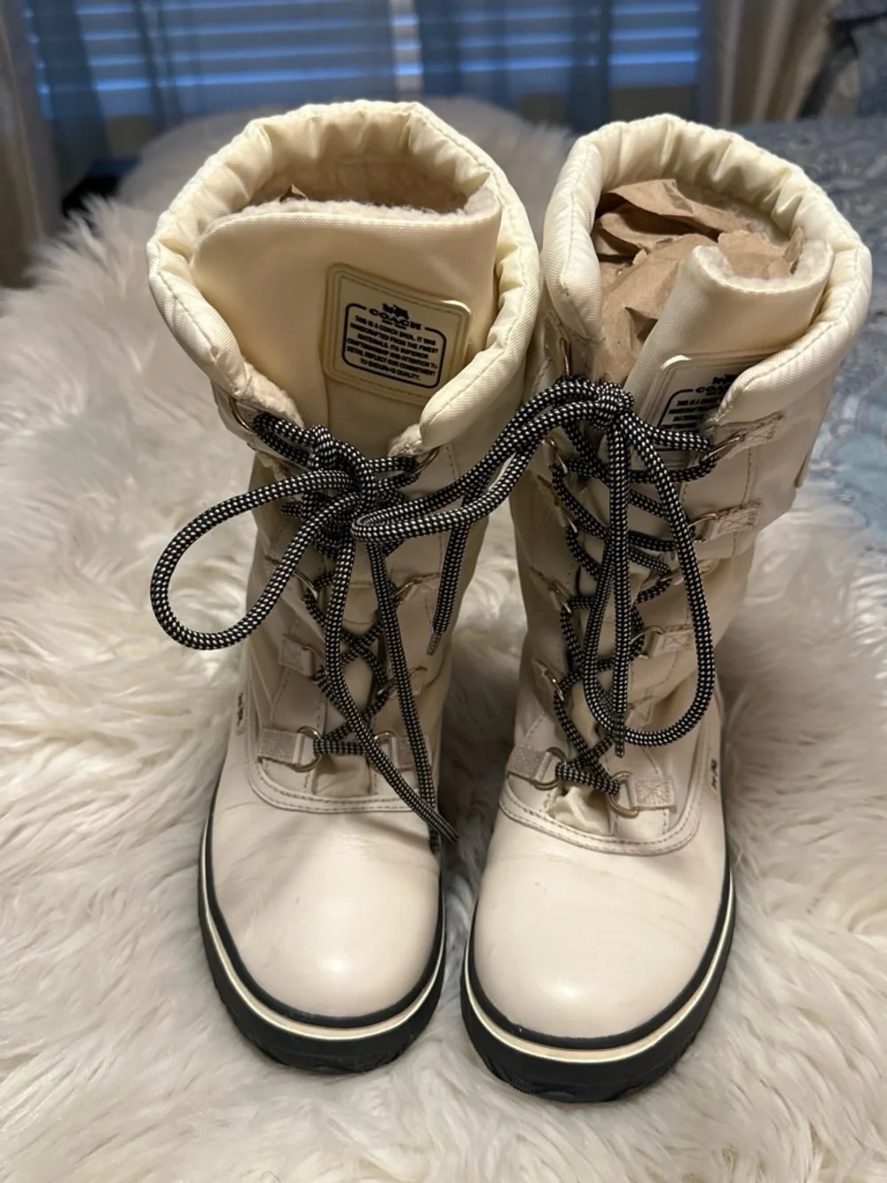 Coach Cream/Black Lace-Up Insulated Winter Boots